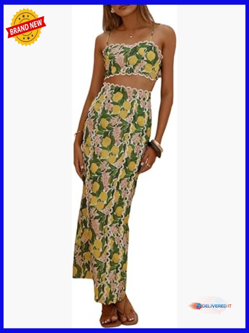 Two Piece Maxi Skirt Set Floral Print Backless Crop Top High Waist Slit